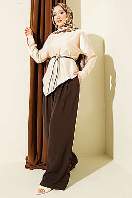 Asimetrik Kesim Saten Tunik Bej - Tunik