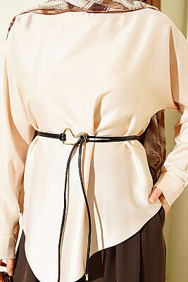 Asimetrik Kesim Saten Tunik Bej - Tunik