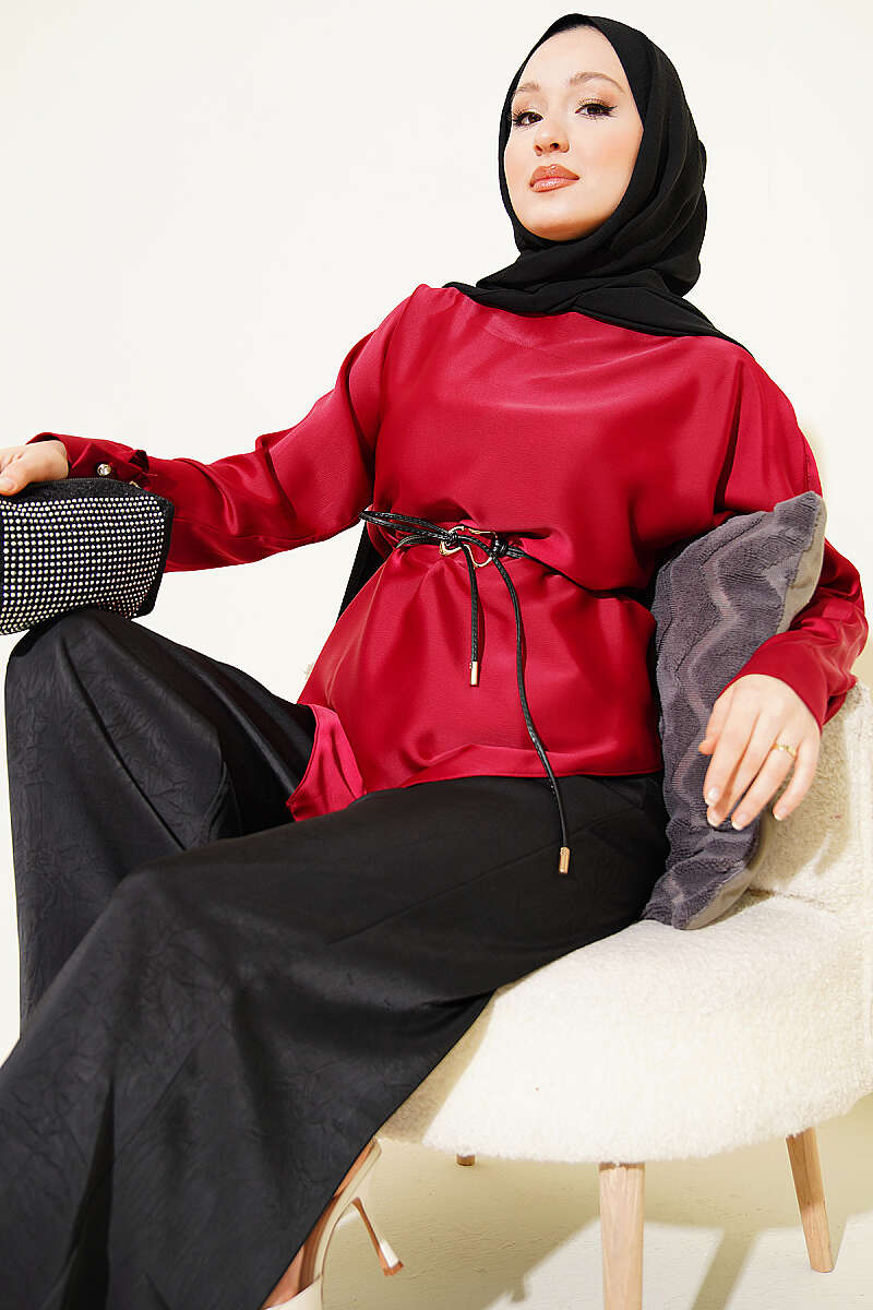 Asimetrik Kesim Saten Tunik Bordo