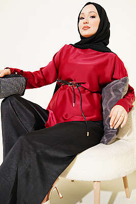 Asimetrik Kesim Saten Tunik Bordo 