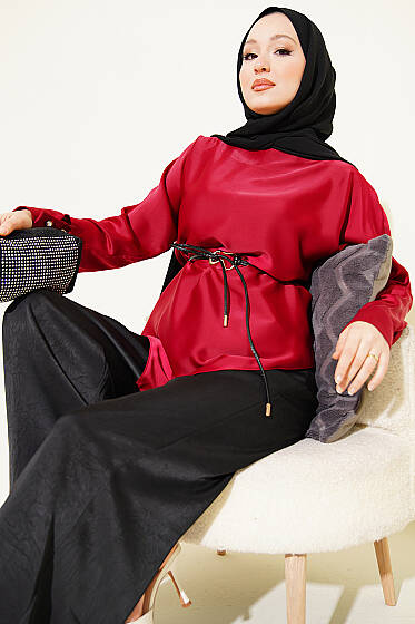 Asimetrik Kesim Saten Tunik Bordo - Tunik