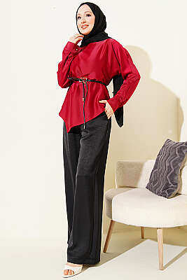 Asimetrik Kesim Saten Tunik Bordo - Tunik