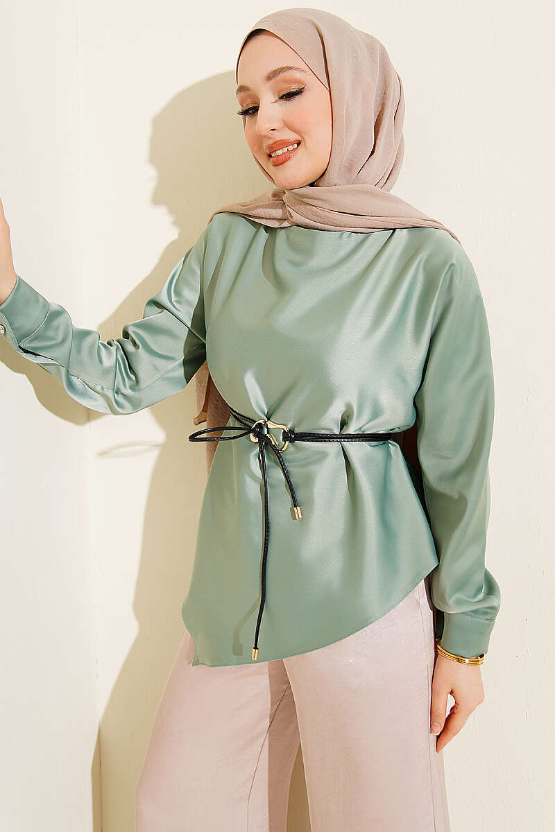 Asimetrik Kesim Saten Tunik Çağla Yeşili
