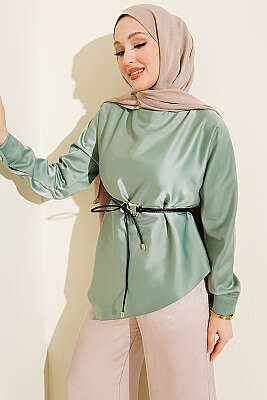 Asimetrik Kesim Saten Tunik Çağla Yeşili - BERAT TEKSTİL