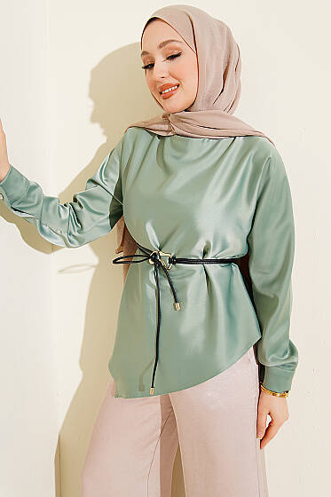 Asimetrik Kesim Saten Tunik Çağla Yeşili - Tunik