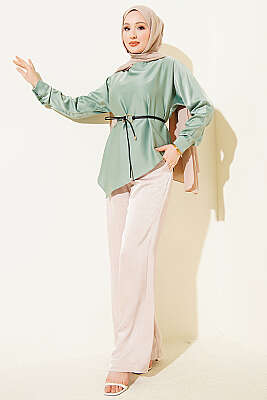 Asimetrik Kesim Saten Tunik Çağla Yeşili - Tunik