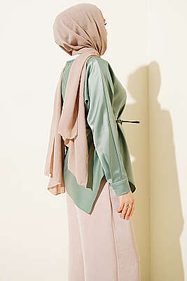 Asimetrik Kesim Saten Tunik Çağla Yeşili - Tunik