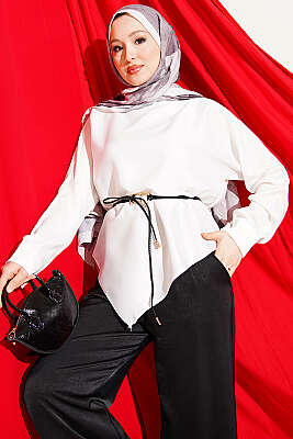 Asimetrik Kesim Saten Tunik Ekru - BERAT TEKSTİL