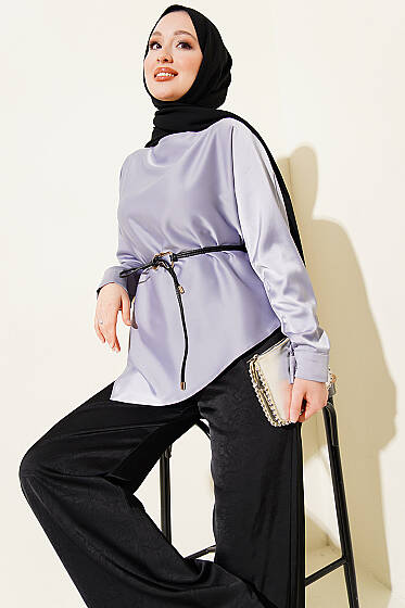 Asimetrik Kesim Saten Tunik Gri - Tunik