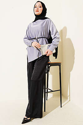 Asimetrik Kesim Saten Tunik Gri - Tunik