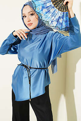 Asimetrik Kesim Saten Tunik İndigo - BERAT TEKSTİL