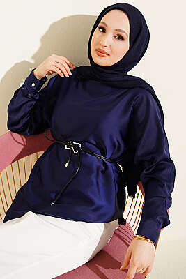 Asimetrik Kesim Saten Tunik Lacivert - BERAT TEKSTİL