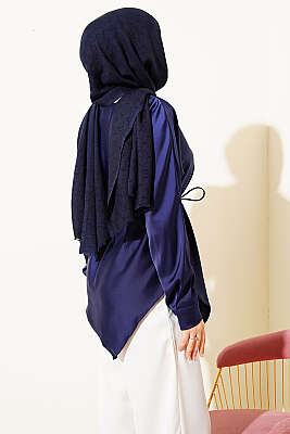 Asimetrik Kesim Saten Tunik Lacivert - Tunik