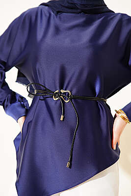 Asimetrik Kesim Saten Tunik Lacivert - Tunik