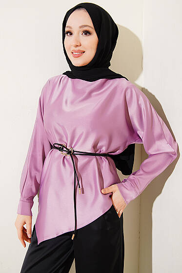 Asimetrik Kesim Saten Tunik Lila - Tunik
