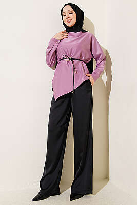 Asimetrik Kesim Saten Tunik Lila - Tunik