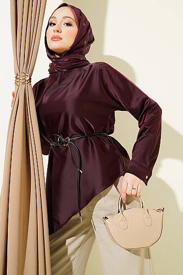 Asimetrik Kesim Saten Tunik Mürdüm - 300-500 TL Ürünler