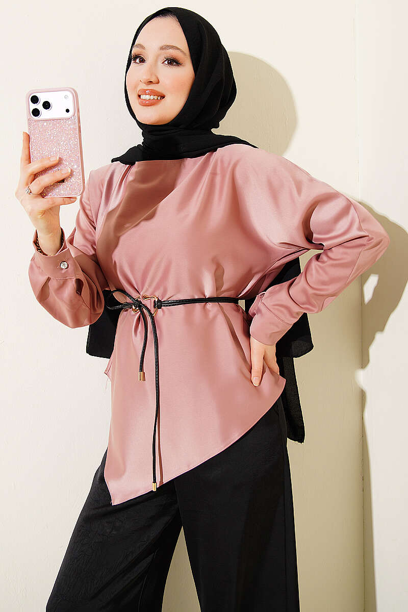 Asimetrik Kesim Saten Tunik Pudra