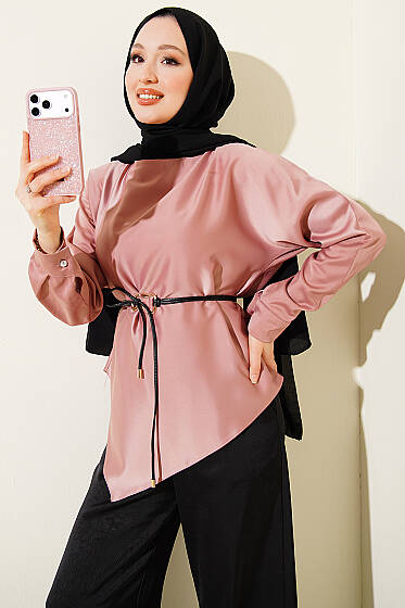 Asimetrik Kesim Saten Tunik Pudra - Tunik