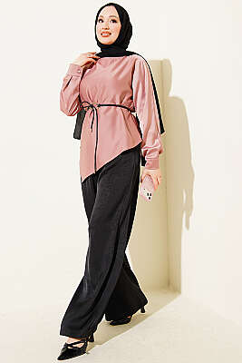 Asimetrik Kesim Saten Tunik Pudra - Tunik