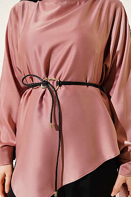 Asimetrik Kesim Saten Tunik Pudra - Tunik