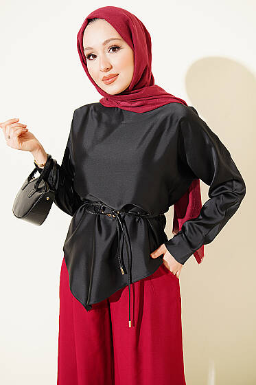 Asimetrik Kesim Saten Tunik Siyah - Tunik