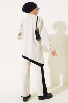 Asimetrik Kesim Şeritli Triko İkili Takım Bej - Triko İkili Takım