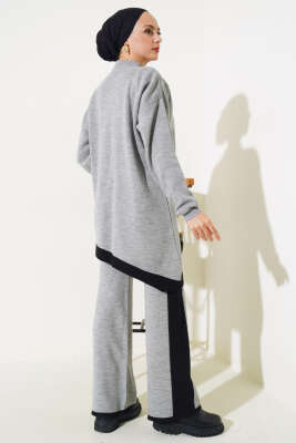 Asimetrik Kesim Şeritli Triko İkili Takım Gri - Triko İkili Takım