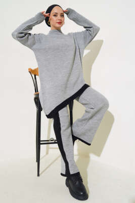 Asimetrik Kesim Şeritli Triko İkili Takım Gri - Triko İkili Takım