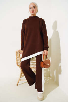 Asimetrik Kesim Şeritli Triko İkili Takım Kahve - Triko İkili Takım