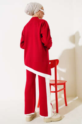 Asimetrik Kesim Şeritli Triko İkili Takım Kırmızı - Triko İkili Takım