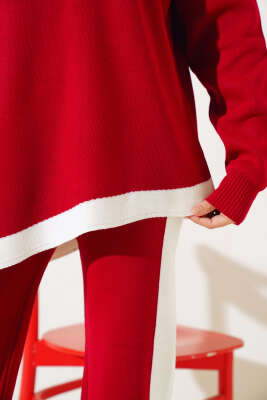 Asimetrik Kesim Şeritli Triko İkili Takım Kırmızı - Triko İkili Takım