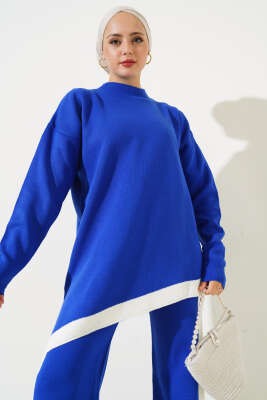 Asimetrik Kesim Şeritli Triko İkili Takım Saks - Triko İkili Takım