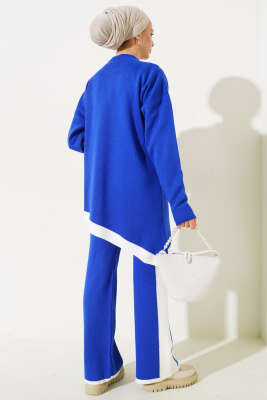 Asimetrik Kesim Şeritli Triko İkili Takım Saks - Triko İkili Takım