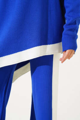 Asimetrik Kesim Şeritli Triko İkili Takım Saks - Triko İkili Takım