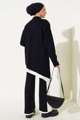 Asimetrik Kesim Şeritli Triko İkili Takım Siyah - Triko İkili Takım