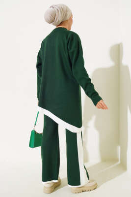 Asimetrik Kesim Şeritli Triko İkili Takım Zümrüt - Triko İkili Takım