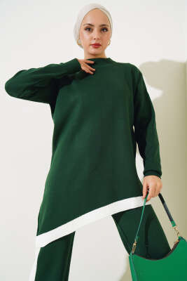 Asimetrik Kesim Şeritli Triko İkili Takım Zümrüt - Triko İkili Takım