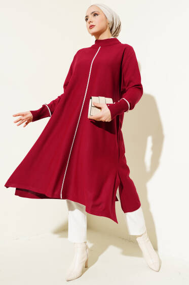 Asimetrik Kesim Uzun Triko Tunik Bordo - Spor Tunik