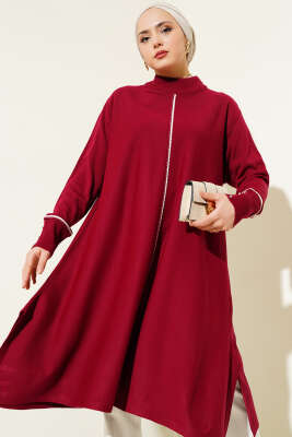 Asimetrik Kesim Uzun Triko Tunik Bordo - Triko Tunik