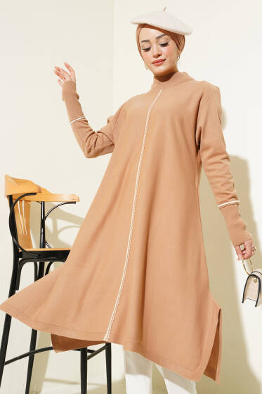 Asimetrik Kesim Uzun Triko Tunik Büsküvi - Spor Tunik