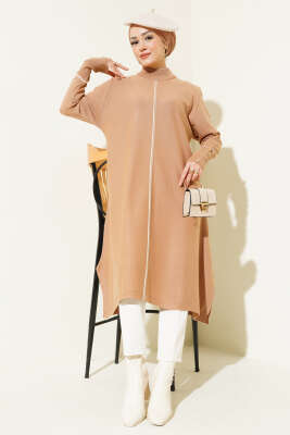 Asimetrik Kesim Uzun Triko Tunik Büsküvi - Triko Tunik