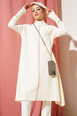 Asimetrik Kesim Uzun Triko Tunik Ekru - Triko Tunik