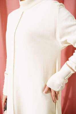 Asimetrik Kesim Uzun Triko Tunik Ekru - Triko Tunik