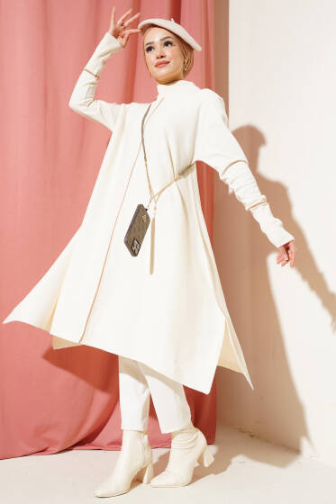 Asimetrik Kesim Uzun Triko Tunik Ekru - Tunik