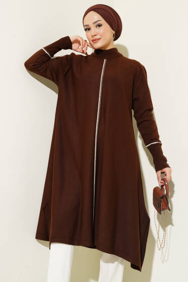 Asimetrik Kesim Uzun Triko Tunik Kahve - Spor Tunik