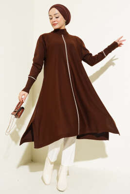 Asimetrik Kesim Uzun Triko Tunik Kahve - Triko Tunik