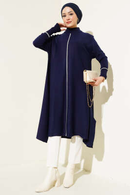 Asimetrik Kesim Uzun Triko Tunik Lacivert - Triko Tunik