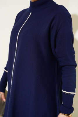 Asimetrik Kesim Uzun Triko Tunik Lacivert - Triko Tunik