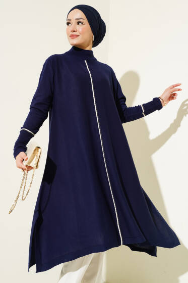 Asimetrik Kesim Uzun Triko Tunik Lacivert - Tunik